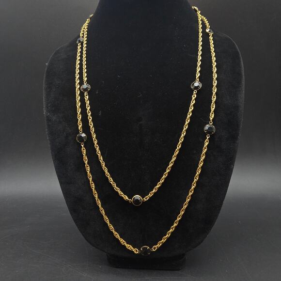 Black Glass Gold Tone Chain Necklace Long Layering Vintage Jewelry - Picture 7 of 7